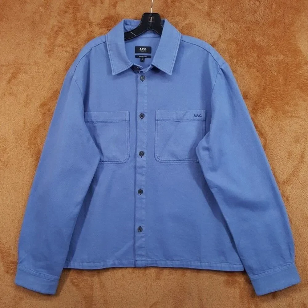 APC Overshirt Jacket Mens XL Blue Button Up Cotton Twill Logo Pocket LEON $335
